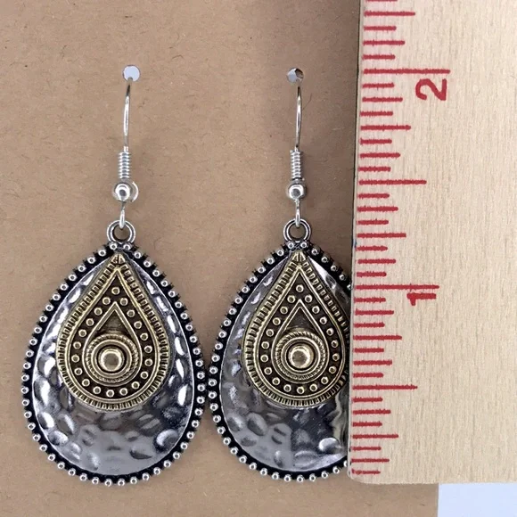 Elegant Silver and Gold Teardrop Earrings Vintage Boho Fashion Jewelry - Picture 2 of 2